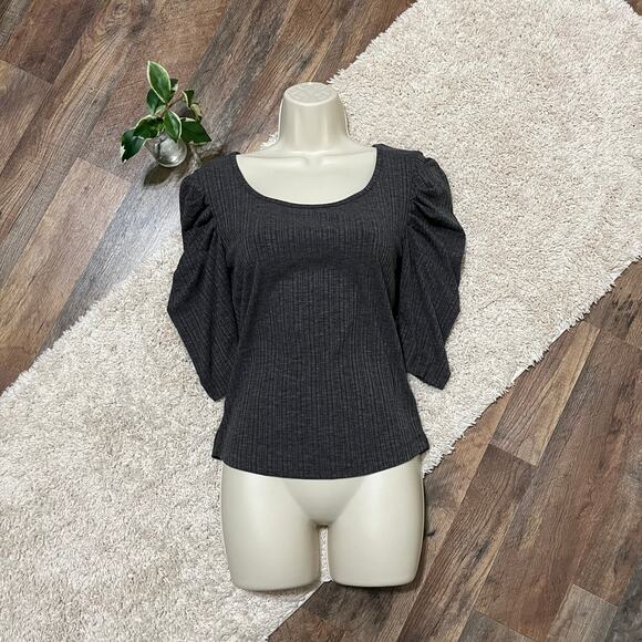 BB Dakota Steve Madden Medium Gray Ribbed Heather Puff Shoulder Pullover Top - Picture 1 of 6